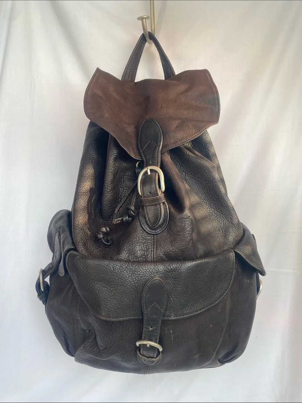 London Fog Dark Brown Leather Backpack with Buckle Closure Drawstring